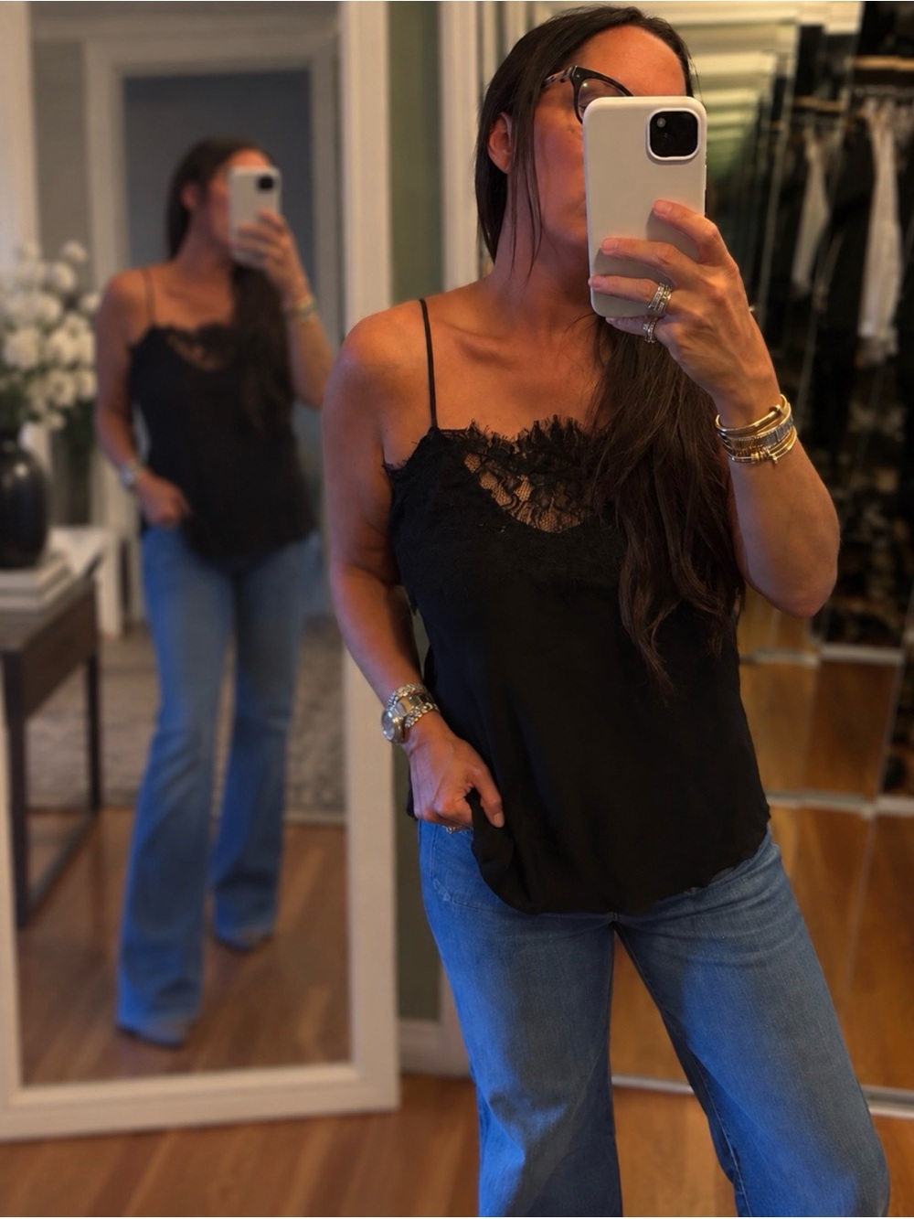 Lace-Trim Black Satin Cami with Adjustable Straps